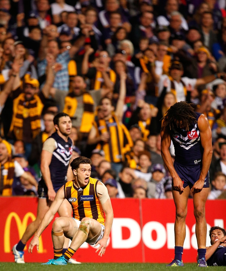 AFL 2015 First Preliminary Final - Fremantle v Hawthorn PERTH, AUSTRALIA - SEPTEMBER 25: Taylor Duryea of the Hawks celebrates a goal during the 2015 AFL First Preliminary Final match between the Fremantle Dockers and the Hawthorn Hawks at Domain Stadium, Perth, Australia on September 25, 2015. (Photo by Michael Willson/AFL Media)